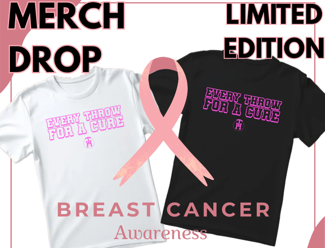 Two t-shirts with breast cancer awareness text and a pink ribbon on a white background.